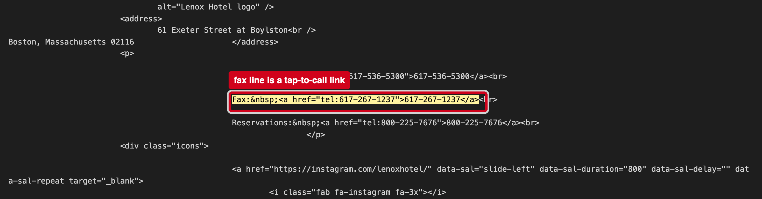 Screenshot: The fax number is a tap-to-call link